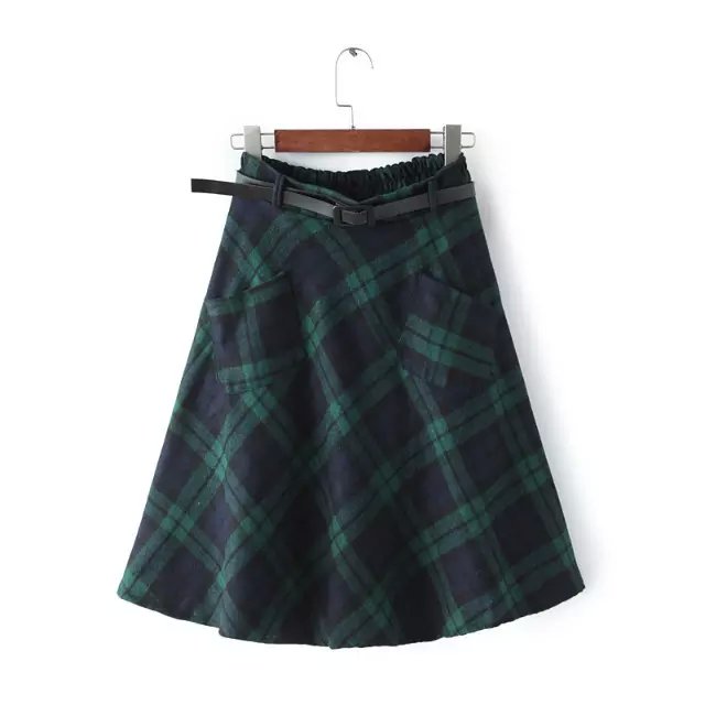 European Fashion women green vintage Woolen Plaid print elastic waist pocket Mid-Calf Skirts with belt casual brand