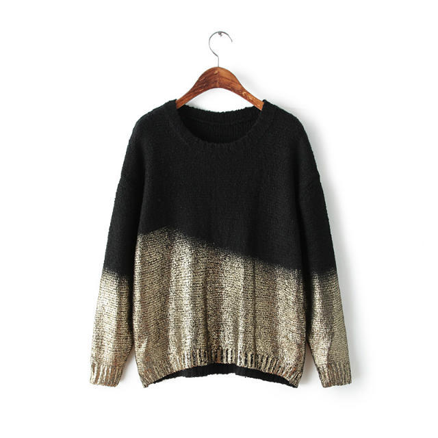 European Fashion Women Knitted sweaters Gradient color bronzing O- Neck Pullover batwing Sleeve Casual loose brand tops