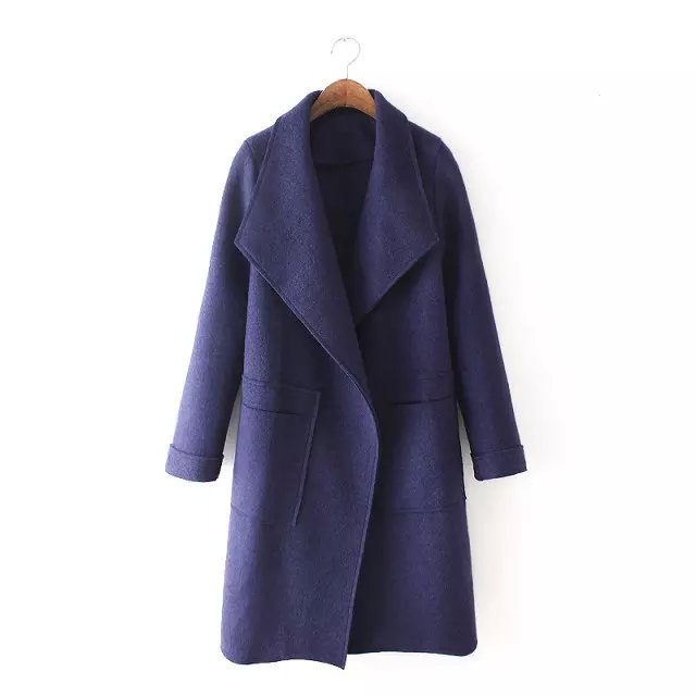 European Fashion Women Pockets Female vintage blue Woolen Long coats long sleeve turn-down collar office work winter warm