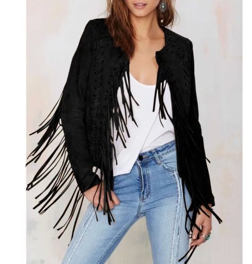 European Fashion Women tassel black Faux leather jacket coat vintage Fringe casual jaqueta de couro feminina