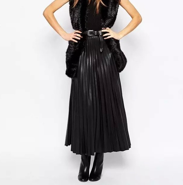 European Fashion women vintage faux leather black Ankle-Length Pleated skirts zipper casual brand designer female