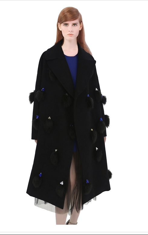 European Fashion women Winter warm black fur Diamonds turn-down collar button woolen long coat long sleeve casual brand