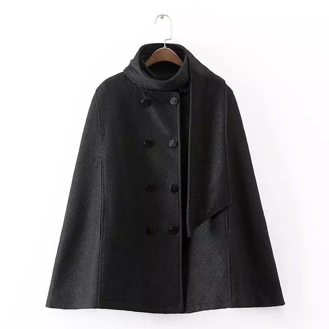 European style Fashion Vintage Women Winter Black woolen button Coats Turtleneck Female overcoat Casual brand loose Cloak