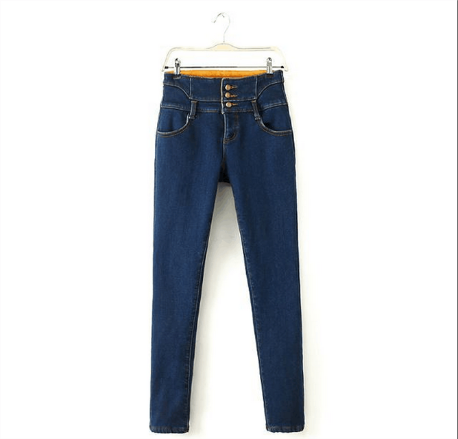 Fashion American Style Women winter warm Fleece blue Denim button brand high waist Jeans pocket pencil pants plus size