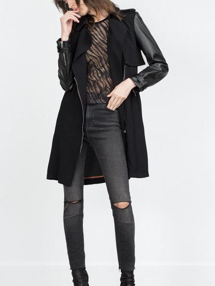 Fashion Autumn elegant Zipper Faux Leather Sleeve trench coat for women long coats Casual brand windbreaker female