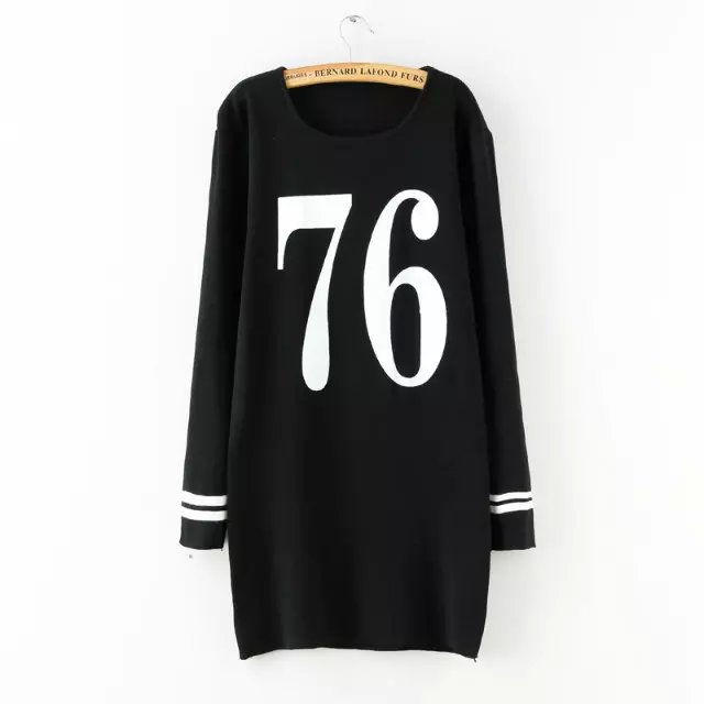 Fashion Autumn Knitted sweater number pattern Straight sport Dress for Women black long Sleeve O-neck Casual streetwear