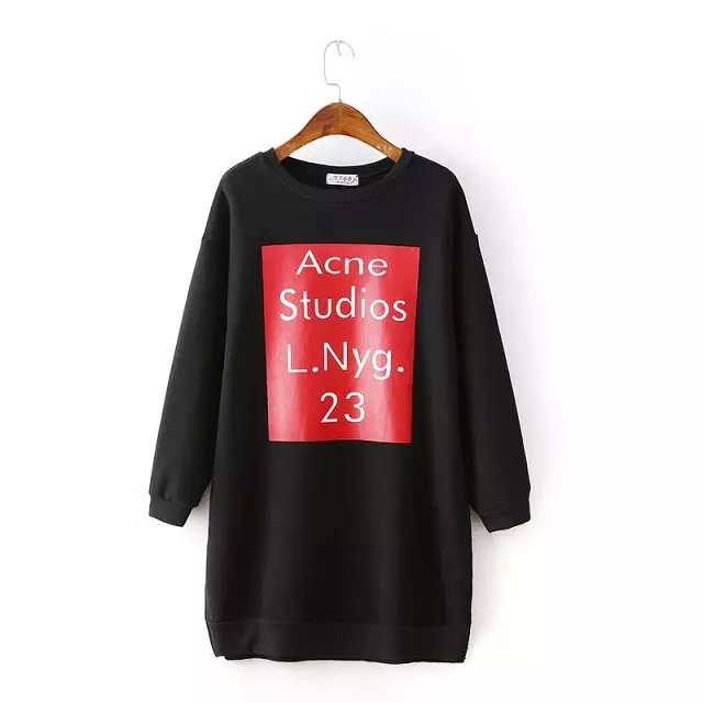 Fashion Autumn Thick cotton black Letter Print mini Straight sport Dresses for Women Side open long Sleeve Casual brand