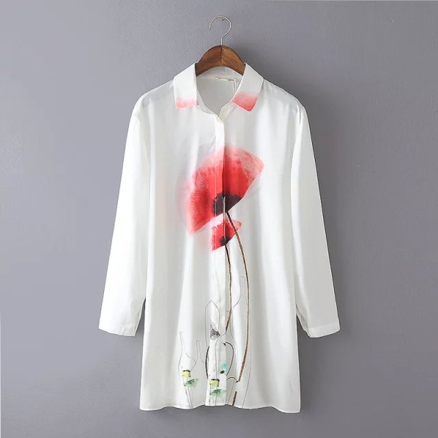 Fashion Autumn Women White Floral Print Long Shirt Dresses Buttons Turn Down Collar Long Sleeve Casual Brand Loose vestidos