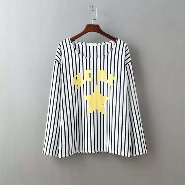 Fashion Autumn Women Yellow star Letter Stripe Print Street T shirt O neck long sleeve shirts casual brand tops