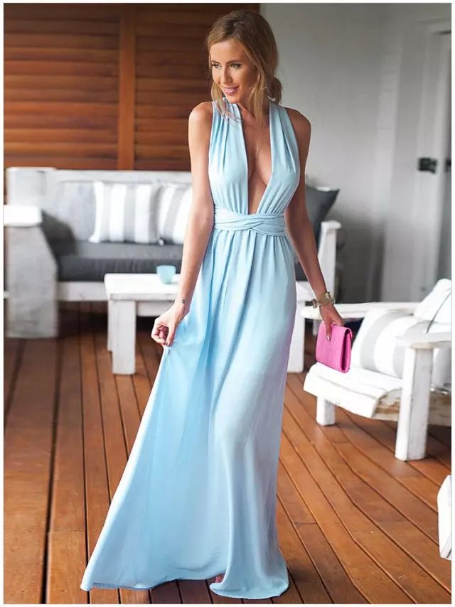 Fashion Elegant Blue Deep V-neck Party Wedding Long Maxi Dresses Sexy Backless casual Fit dress