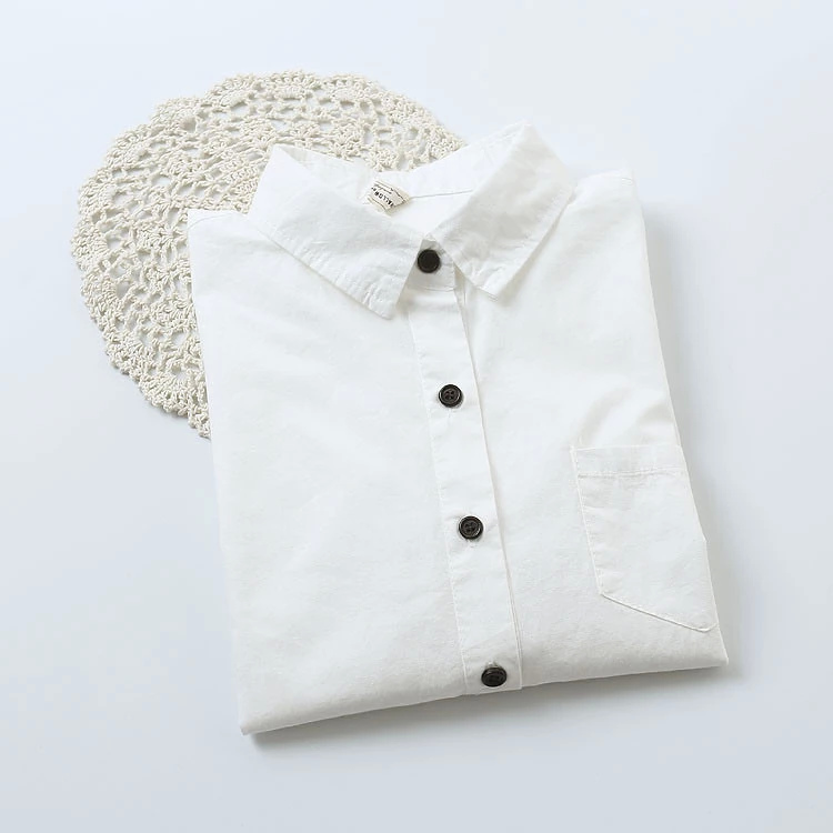 Fashion elegant women turn-down collar white cotton blouse button pocket long sleeve office brief shirt casual brand female