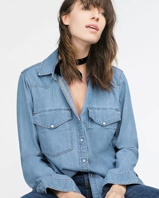 Fashion Ladies elegant blue Denim shirts blouses For Women long sleeve Button Pocket casual jeans