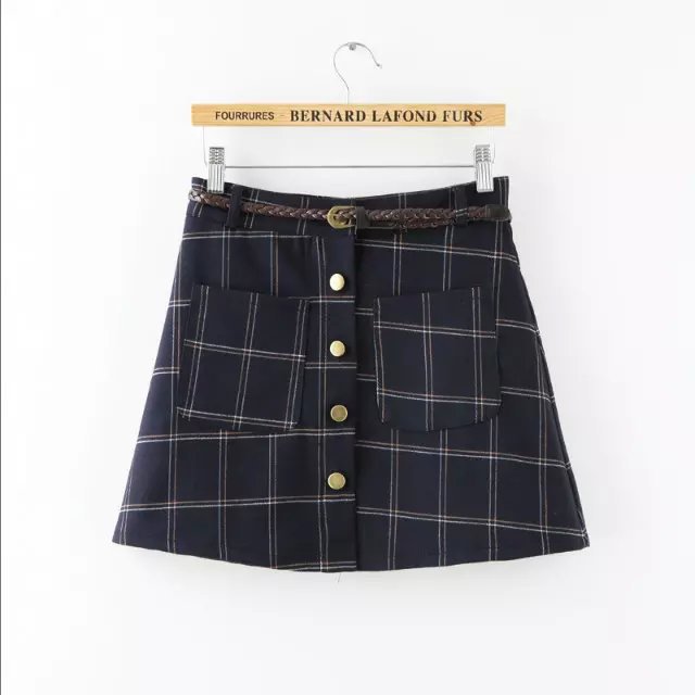 Fashion Lady school style plaid print mini skirts vintage Belt Skirts casual slim brand skirts