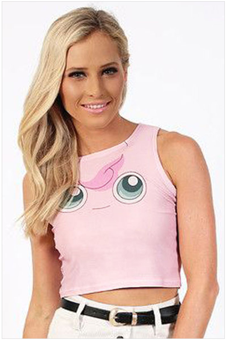 Fashion New Women Elegant pink Face Print vest O-neck Sleeveless Stretch short Crop Tank Tops Casual brand Tops