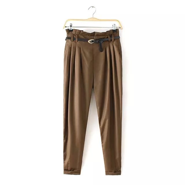 Fashion Office Lady Elegant Ruffle Brown Suit Pant cozy vintage With Belt Zipper pocket casual brand Plus Size pants