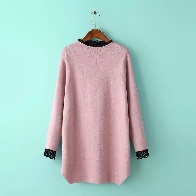 Fashion Spring Women elegant knitted sweater Lace patchwork pink mini Dress Turtleneck Long sleeve casual brand