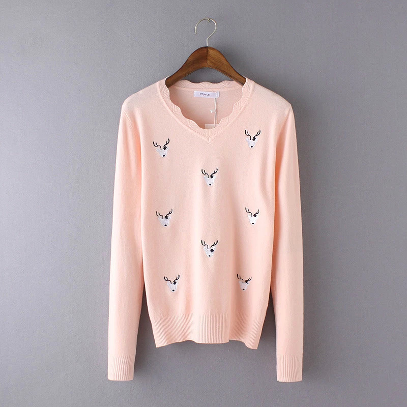 Fashion Spring Women sweet pink deer Embroidery V-neck Knitted Sweaters Pullover long Sleeve Casual brand Outwear tops