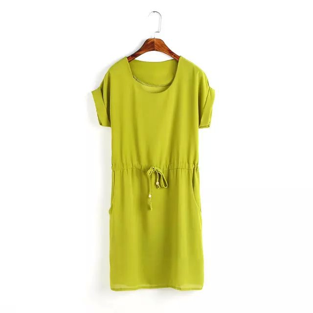 Fashion Summer Women O neck Drawstring green Pocket Dresses vintage Short Sleeve casual fitness brand vestidos