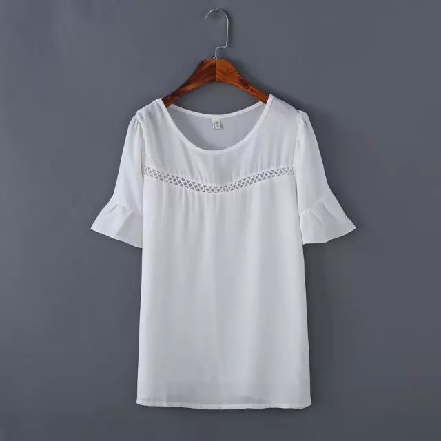 Fashion Summer Women ruffle white Sexy Lace Hollow out Patchwork blouses O neck Half Sleeve Shirts Casual Slim Tops