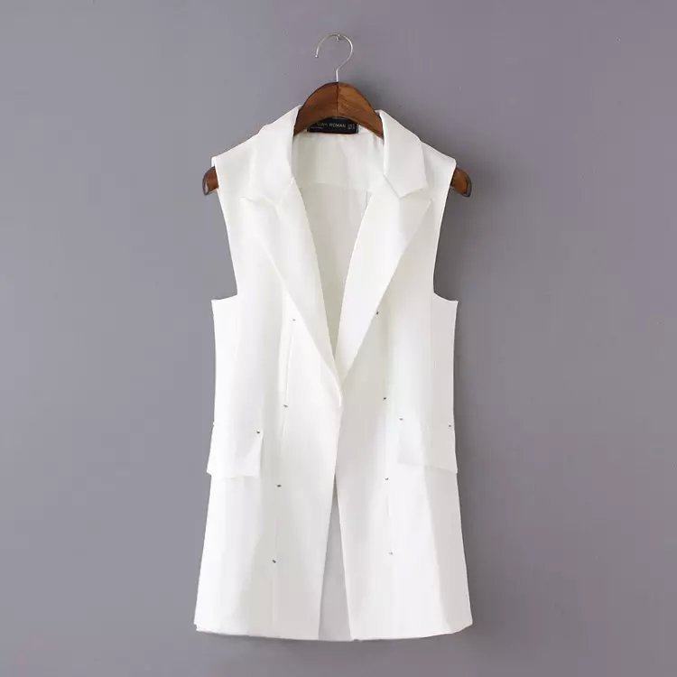 Fashion Vest for Women Beading Office Lady Elegant jackets sleeveless pocket White outwear Casual brand