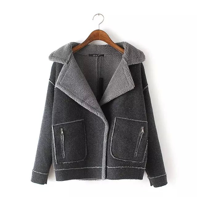 Fashion Winter thick warm Women Pockets Female overcoat button gray Long Sleeve turn-down collar Cashual loose short jacket