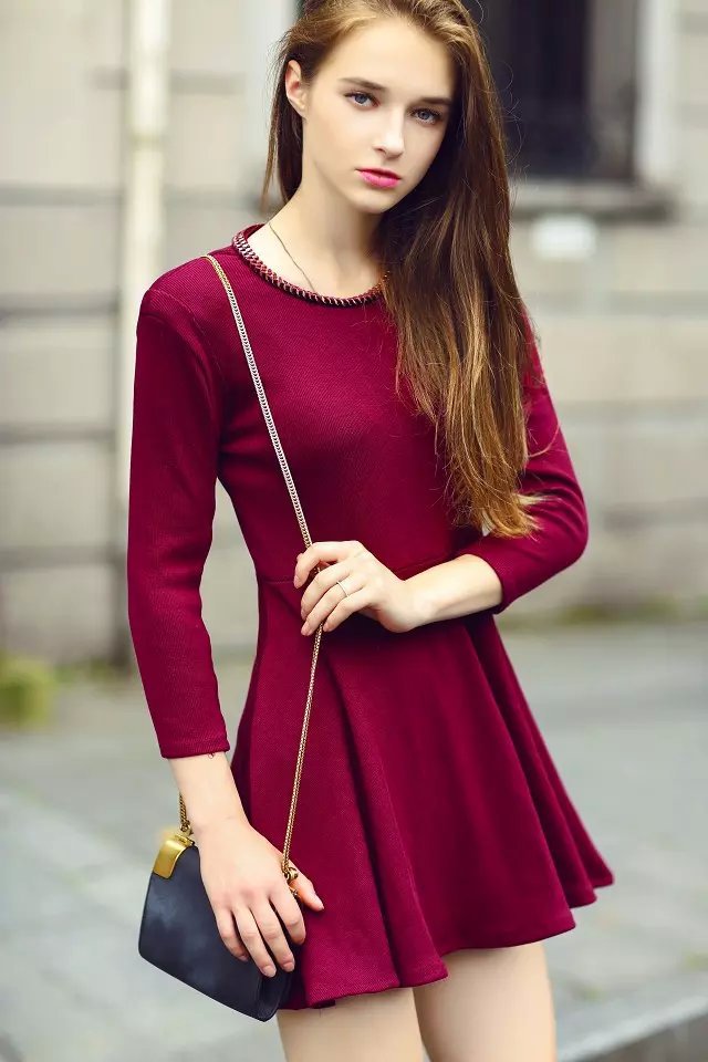 Fashion Winter Women Beading Neck Red Dresses Big Stretch Three Quarter sleeve casual Fit brand dress