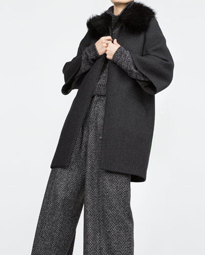 Fashion Winter Women Black Coats Woolen Zipper pocket Fur Turn-down collar Three Quarter sleeve Thick Warm brand female