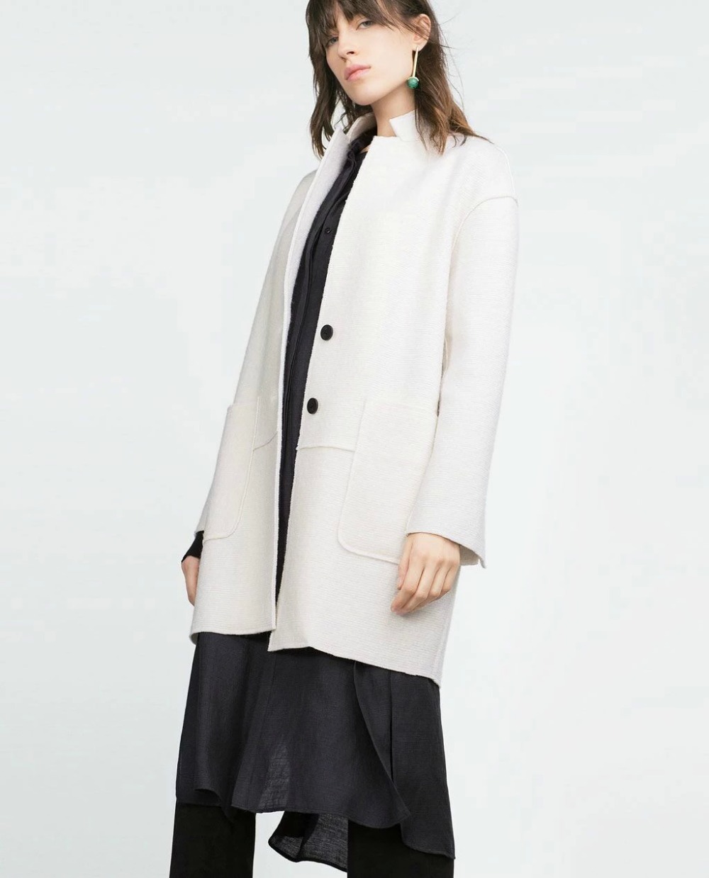 Fashion winter women elegant White pockets button turn-down collar coats long sleeve Woolen outwear casual Loose plus size