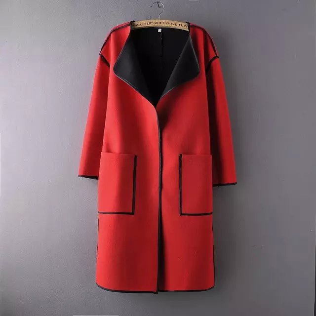 Fashion Winter Women Pockets Female button Red Woolen Long coats long sleeve turn-down collar Brand Femininos