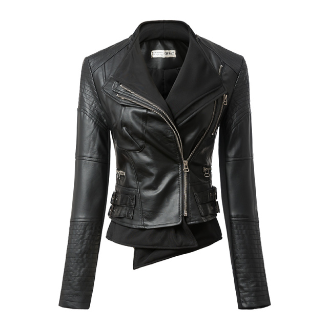 Fashion Winter Women punk black Faux leather patchwork turn-down collar jacket double Zipper casual Brand female plus size