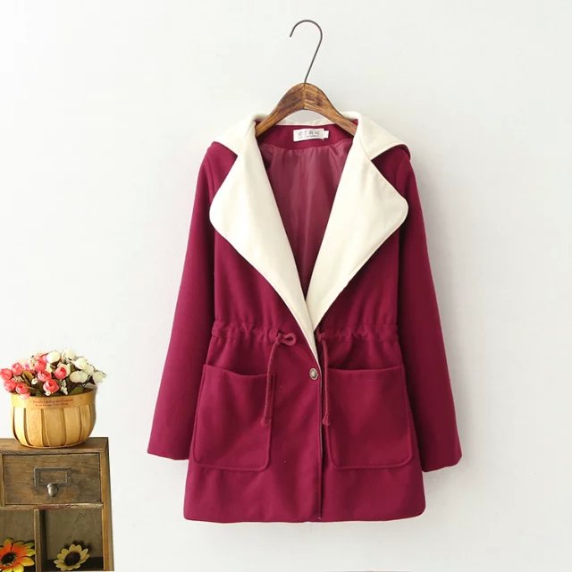 Fashion Winter Women red white hooded Coat drawstring Woolen Button Long Sleeve pocket casual Brand Lady Outwear plus size