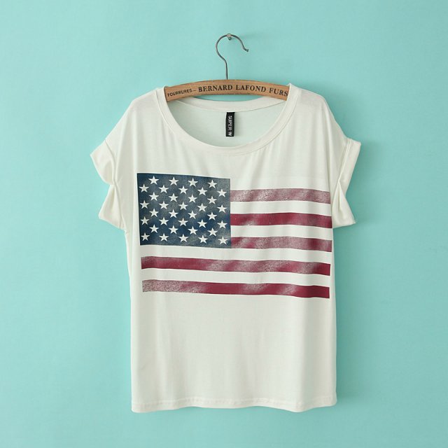 Fashion Women American flag print O-neck Short Sleeve white cotton T-Shirts Casual Brand high street wear Tops