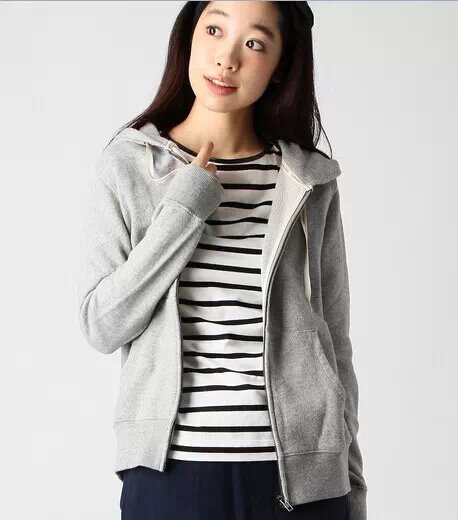 Fashion women Autumn thick Gray Letter Embroidery zipper drawstring hooded casual long sleeve pocket sport Jacket