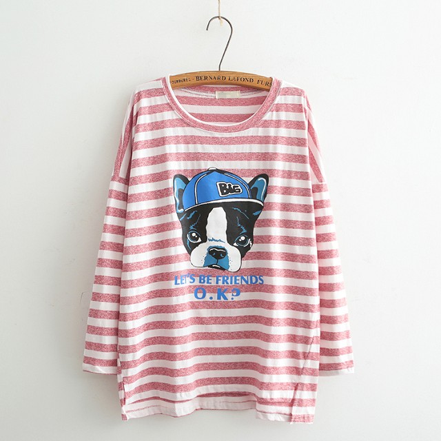 Fashion women Autunm red Striped dog Letter print O-Neck T-shirts Outerwear casual shirt batwing sleeve loose Brand Tops