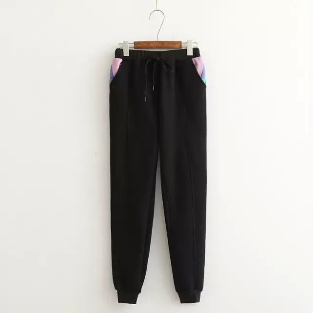 Fashion women black Geometric print patchwork drawstring elastic pocket sport pants casual brand winter thick warm Trousers