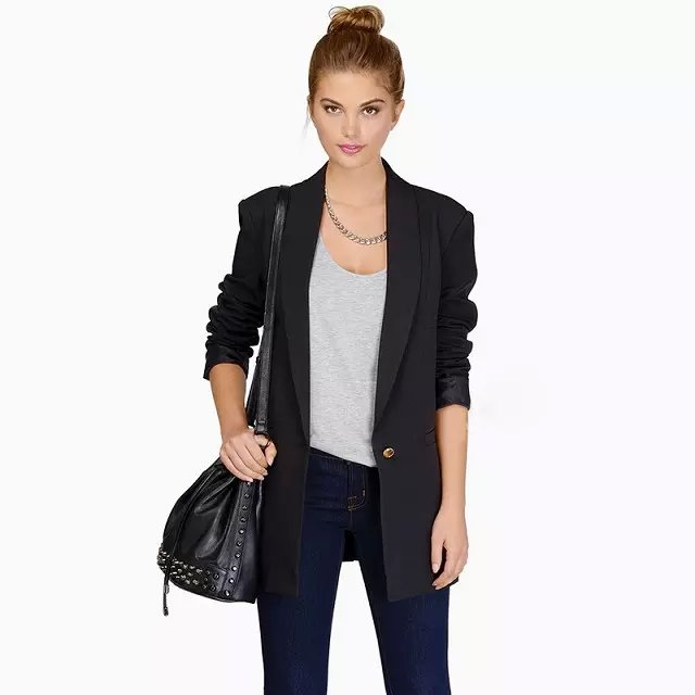 Fashion women black long sleeve pocket button office long blazer work wear long sleeve jacket casual brand female