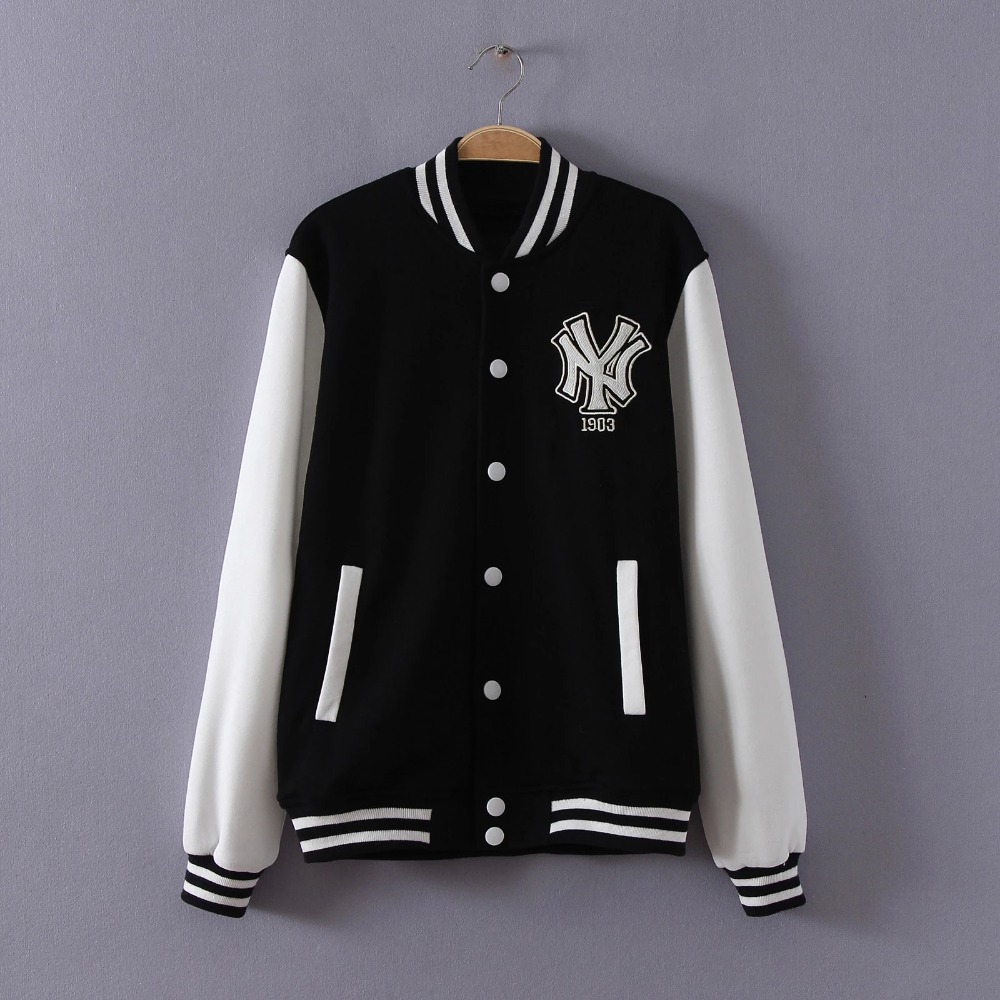 Fashion women black New York Embroidery cotton coat pocket button basketball Jacket stand collar outwear casual plus size