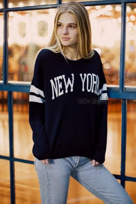 Fashion women black striped New York pattern pullover knitwear Casual loose O neck long Sleeve knitted sweater Tops