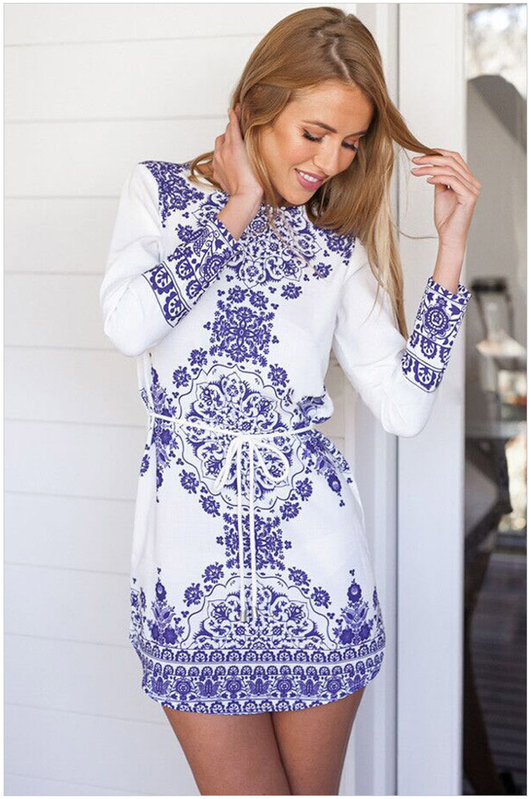 Fashion Women blue and white porcelain Print With Belt Dresses long Sleeve O-neck back button mini Casual brand