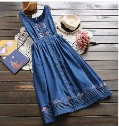 Fashion women blue denim Embroidery Designs Back bow sleeveless pleated Knee-Length Dress O-neck button causal brand