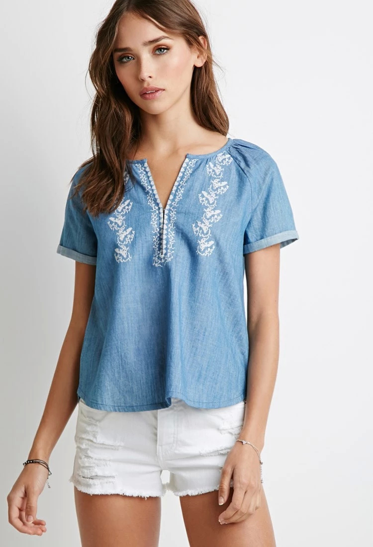 Fashion Women blue Denim Ruffle blouse short Sleeve V-neck Vintage Embroidery casual blusas femininas shirts