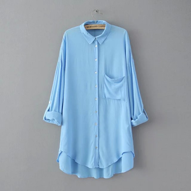 Fashion Women Blue Pocket Buttons long Blouses Turn down collar long Sleeve Plus Size shirts Casual loose brand Tops