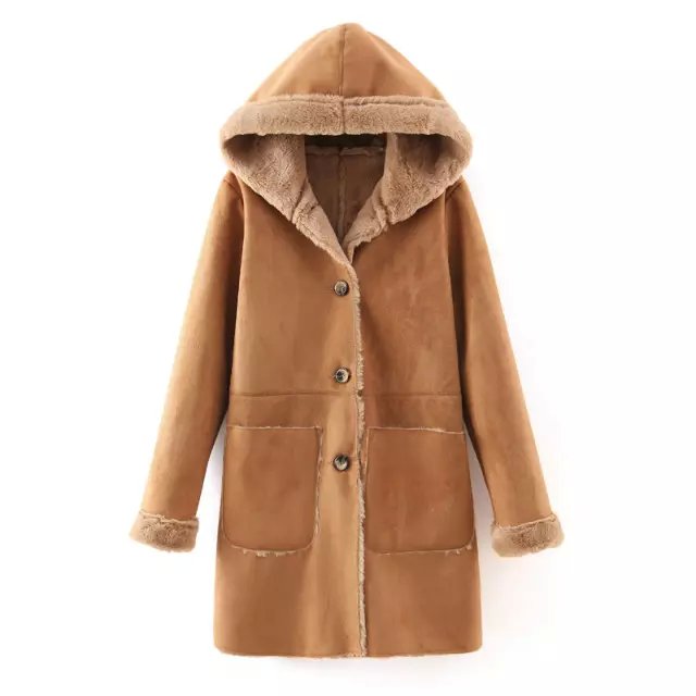 Fashion Women brown Faux Suede Leather fur hooded Jacket button pocket Casual long sleeve winter thick warm brand Coats