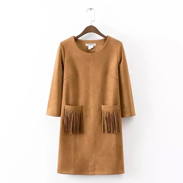 Fashion women brown faux suede leather O-neck tassel pocket mini Straight Dress Three Quarter sleeve casual brand female