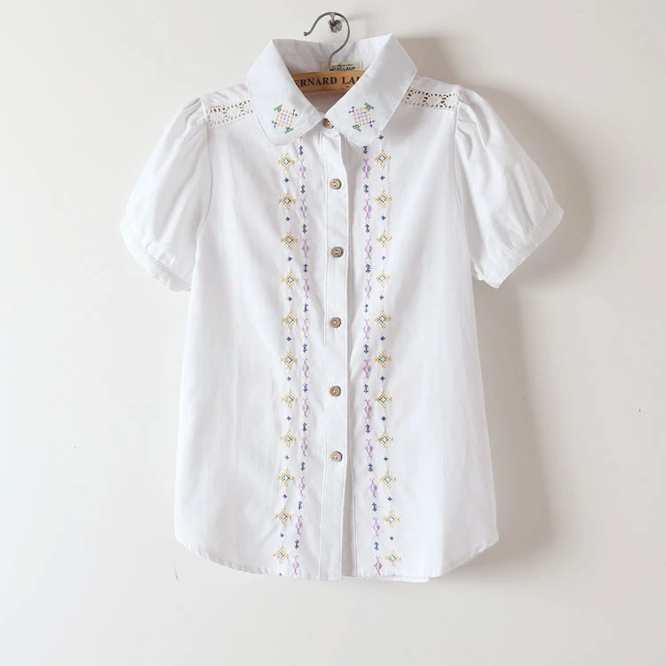 Fashion Women Cotton Elegant white Geometric Embroidery Hollow out Blouse button Short Sleeve turn-down colla casual shirts