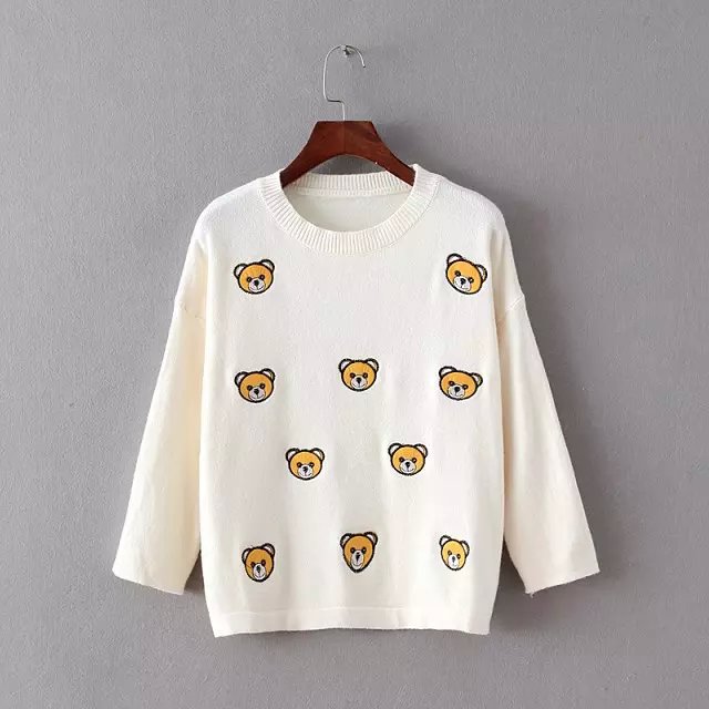 Fashion Women cute white bear Embroidery O-neck Knitted Sweaters Pullovers batwing Sleeve Casual brand Outwear tops