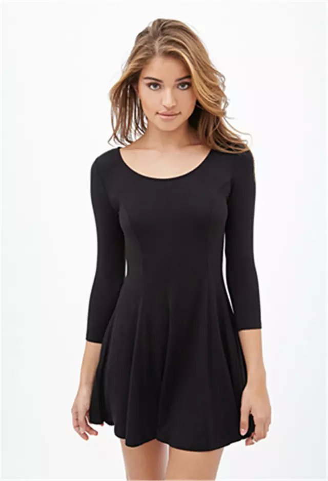 Fashion women Elegant American Appearl Black Pleated Mini Dress O-neck long sleeve causal brand designer