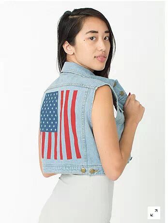 Fashion women elegant American flag print blue Denim short vests Jacket sleeveless pockets Button casual streetwear brand