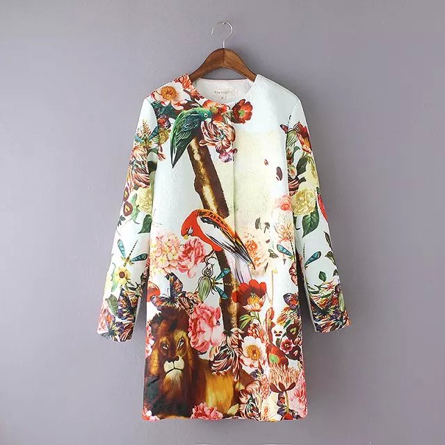 Fashion women Elegant Animal Floral print button long sleeve O-neck pocket Coat casual jacket brand designer Tops