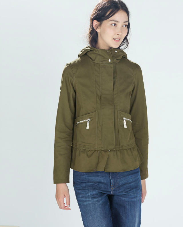 Fashion women elegant Autumn Green ruffle zipper hooded Jacket casual long sleeve pocket brand female